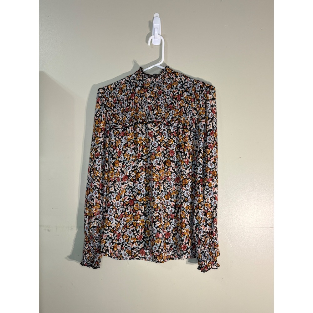 Dynamite Floral Smocked Mock Neck Long Sleeve Blouse Multi-Color Small
